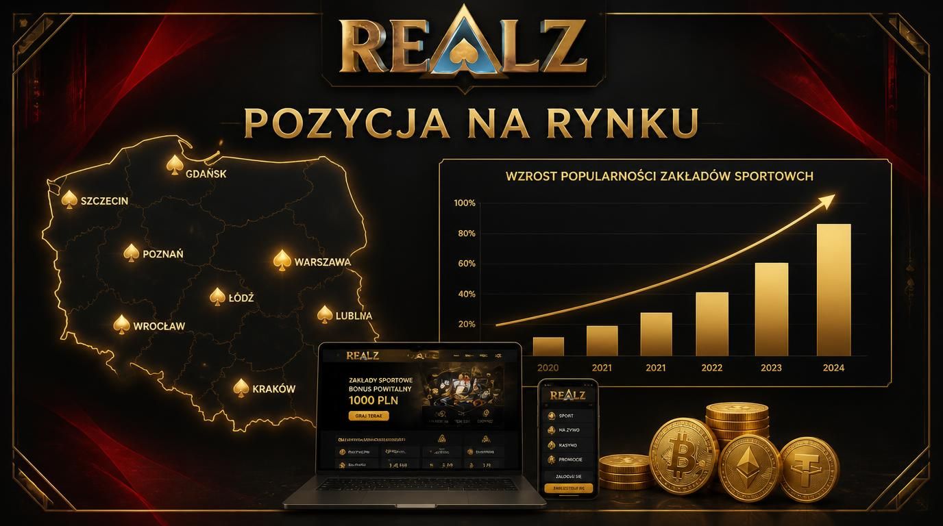 Mapa Polski z miastami, wykres i symbole krypto reprezentujące pozycję Realz Casino na rynku