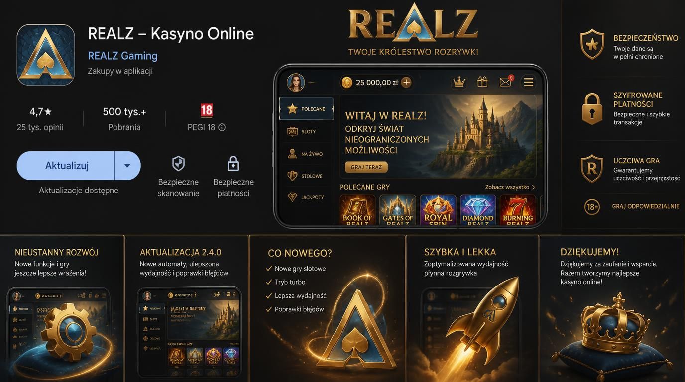 Ekran aktualizacji Realz Casino w sklepie aplikacji z ikoną bezpieczeństwa