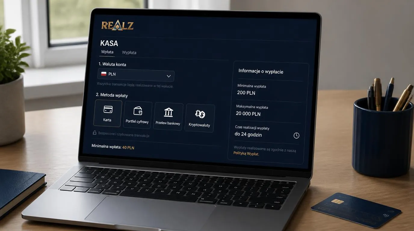 Panel kasy z walutą PLN, wyborem karty, portfela elektronicznego i przelewu oraz progami wpłat i wypłat