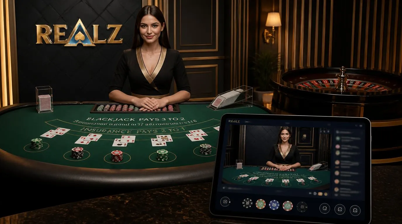 Krupier przy stole do blackjacka i ekran z transmisją ruletki na żywo w eleganckim studiu