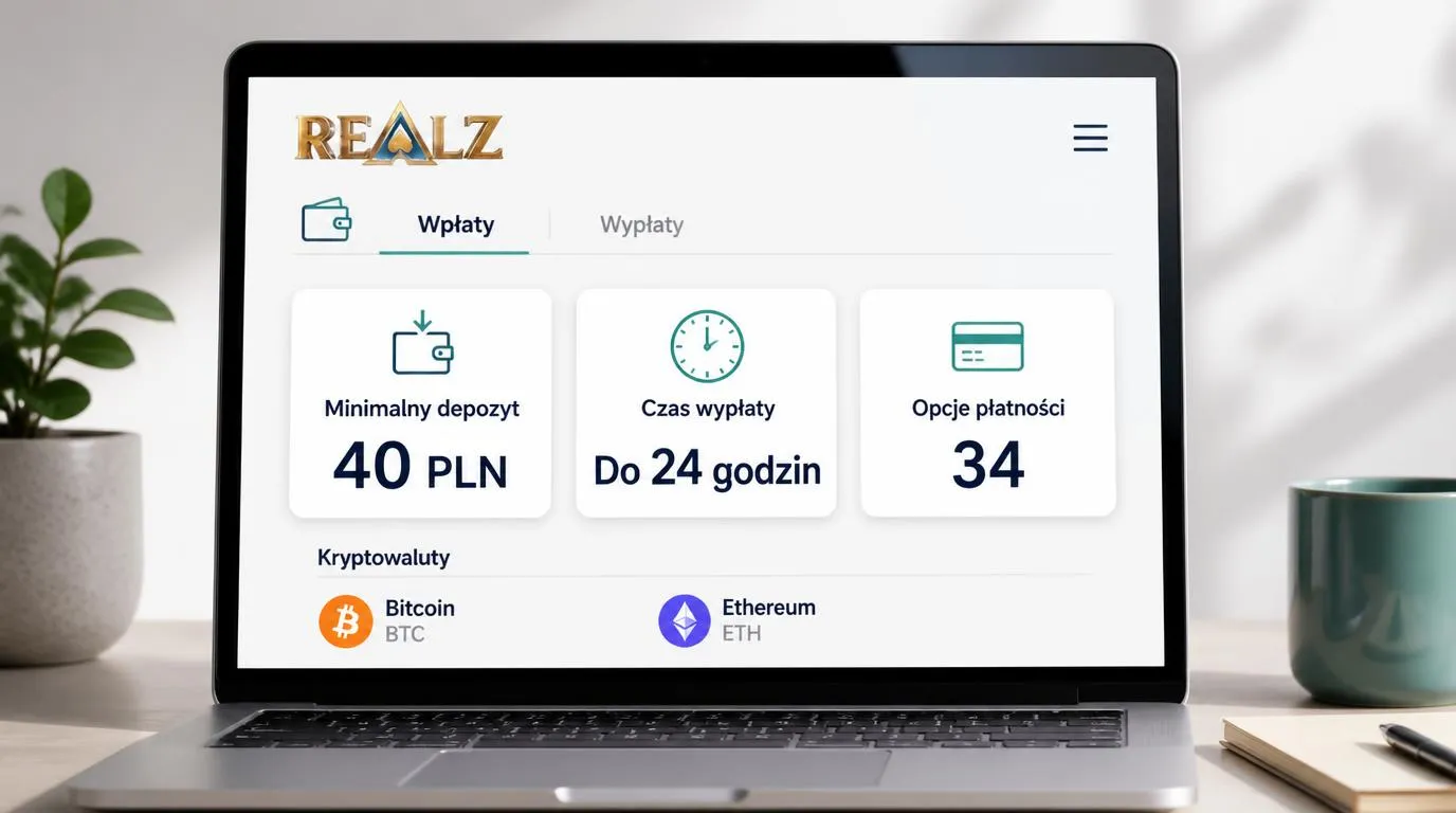Panel płatności kasyna z depozytem 40 PLN, wypłatą do 24 godzin oraz symbolami Bitcoin i Ethereum