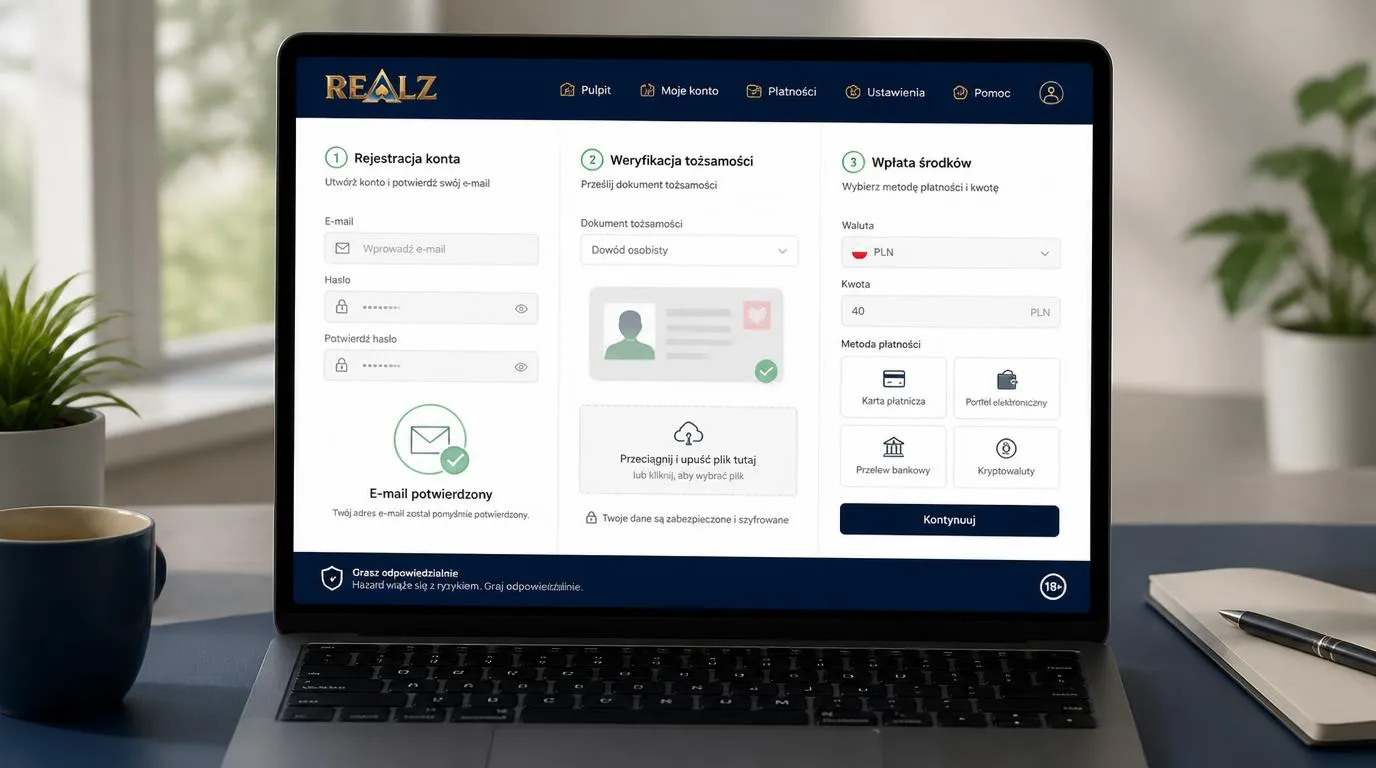 Panel rejestracji, przesyłania dokumentu tożsamości i pierwszej wpłaty w PLN na ekranie laptopa