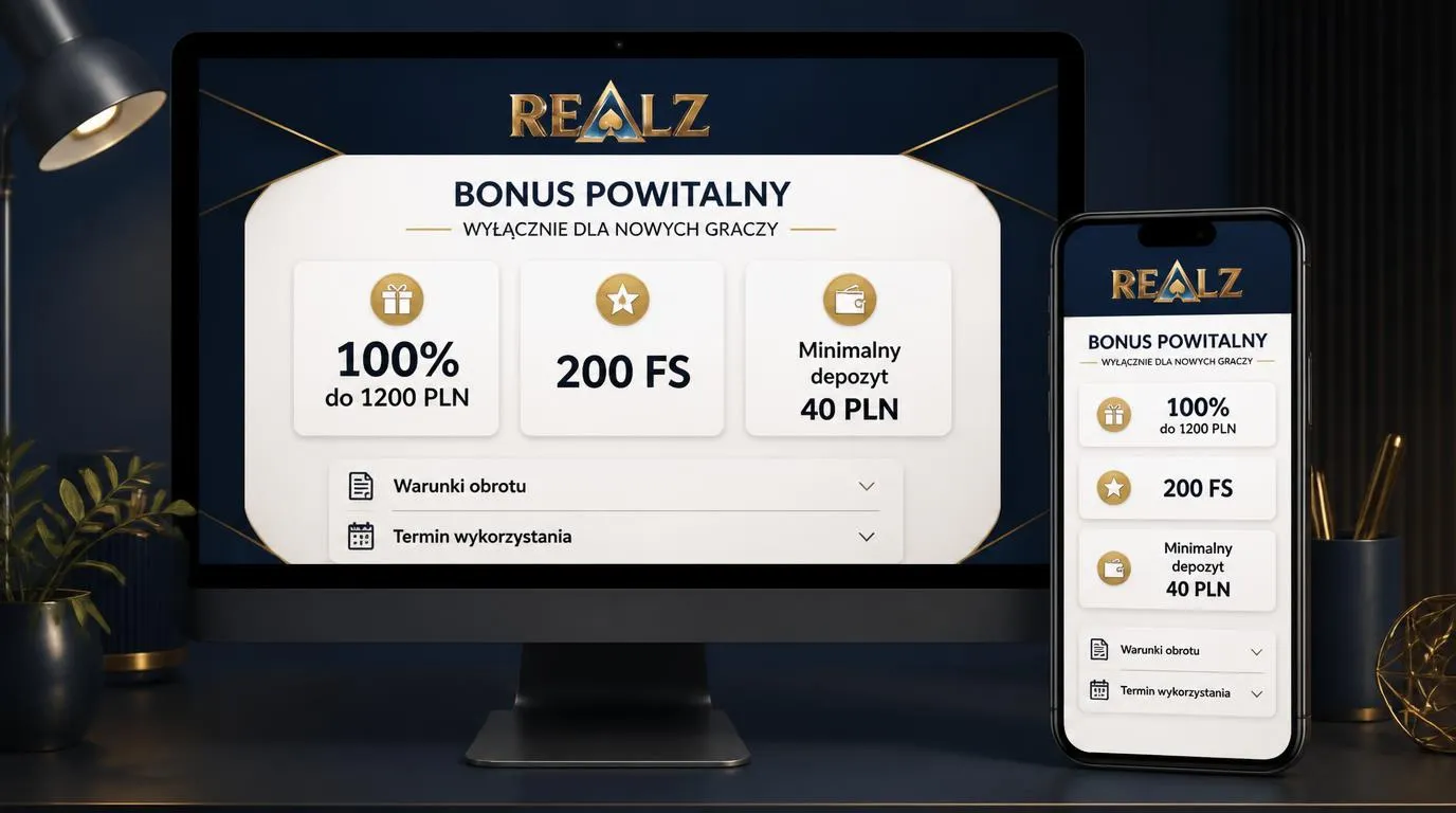 Panel bonusu powitalnego z ofertą 100% do 1200 PLN, 200 darmowymi spinami i minimalnym depozytem 40 PLN